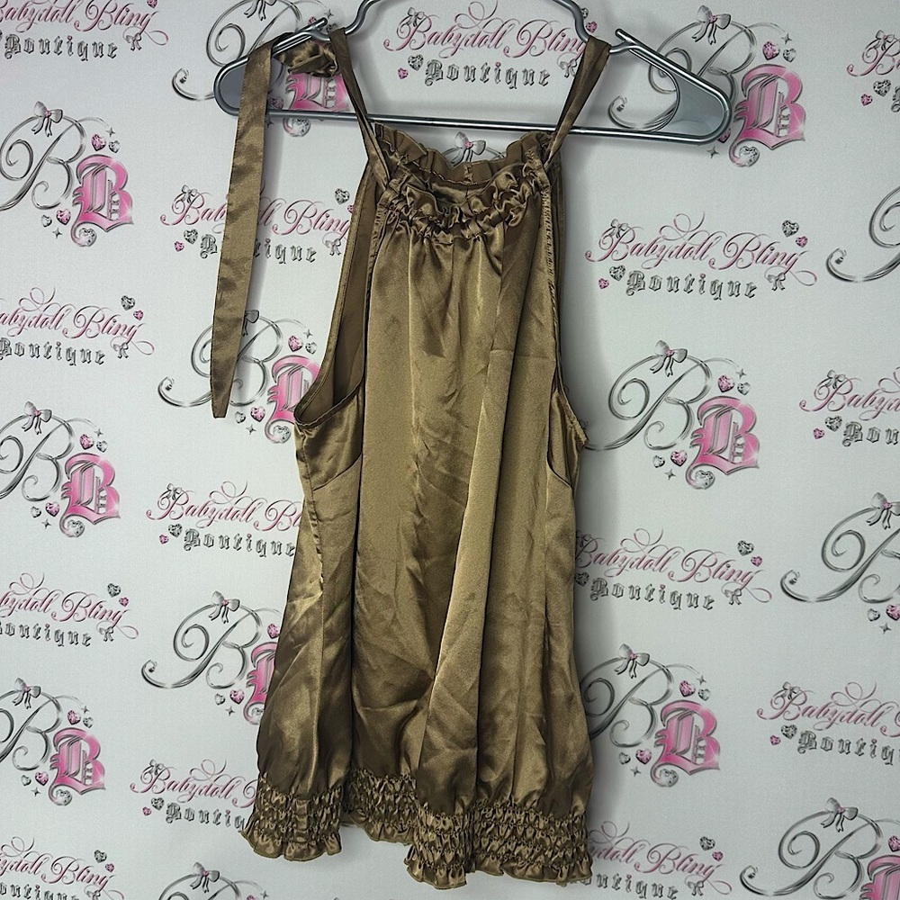 Smart set Silky Brown gold top cinched sexy ribbon tie with Ruffle halter